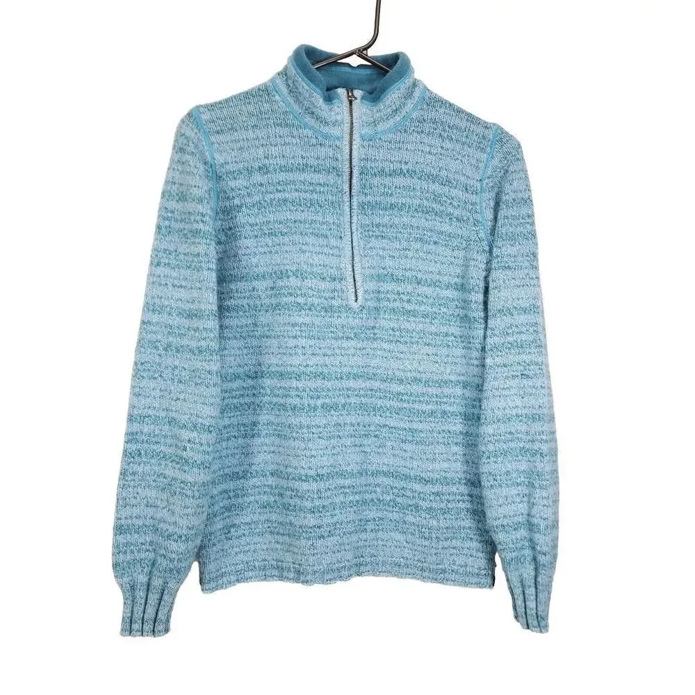 Woolrich Women's Sz M Blue Ramie Cotton Wool Blend Knit 1/4 Zip Sweater Pullover - Picture 1 of 10